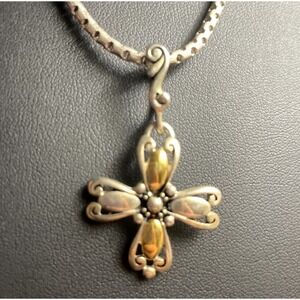 Premier Designs Cross Necklace Two Tone Pendant Silver Tone Box Link Chain